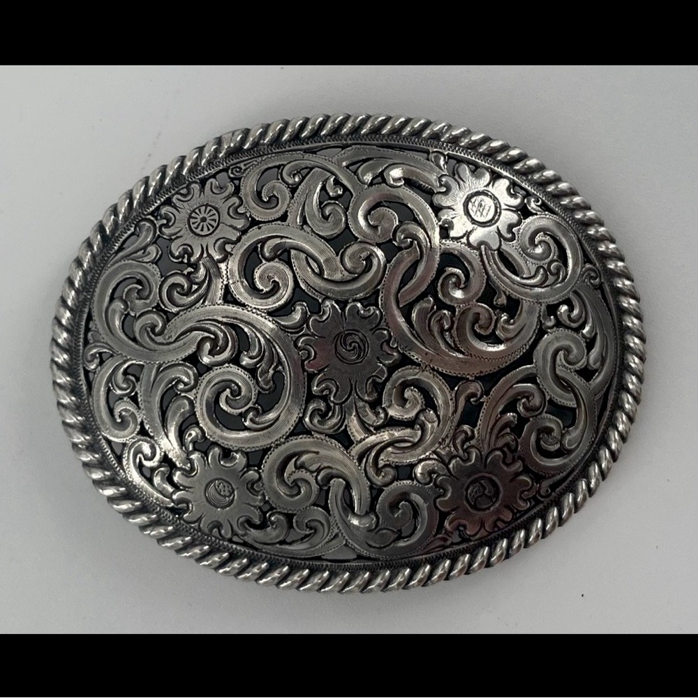 Tony Lama Country Western Bespoke Hand Tooled Silver Cowboy Rodeo Belt Buckle
